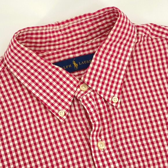 Ralph Lauren Mens Large Red White Gingham Seersucker Short Sleeve Button Down - Picture 8 of 9